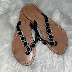 Mystique Boutique Handmade Black patent and Rhinestone Beaded Flip Flop Sandals